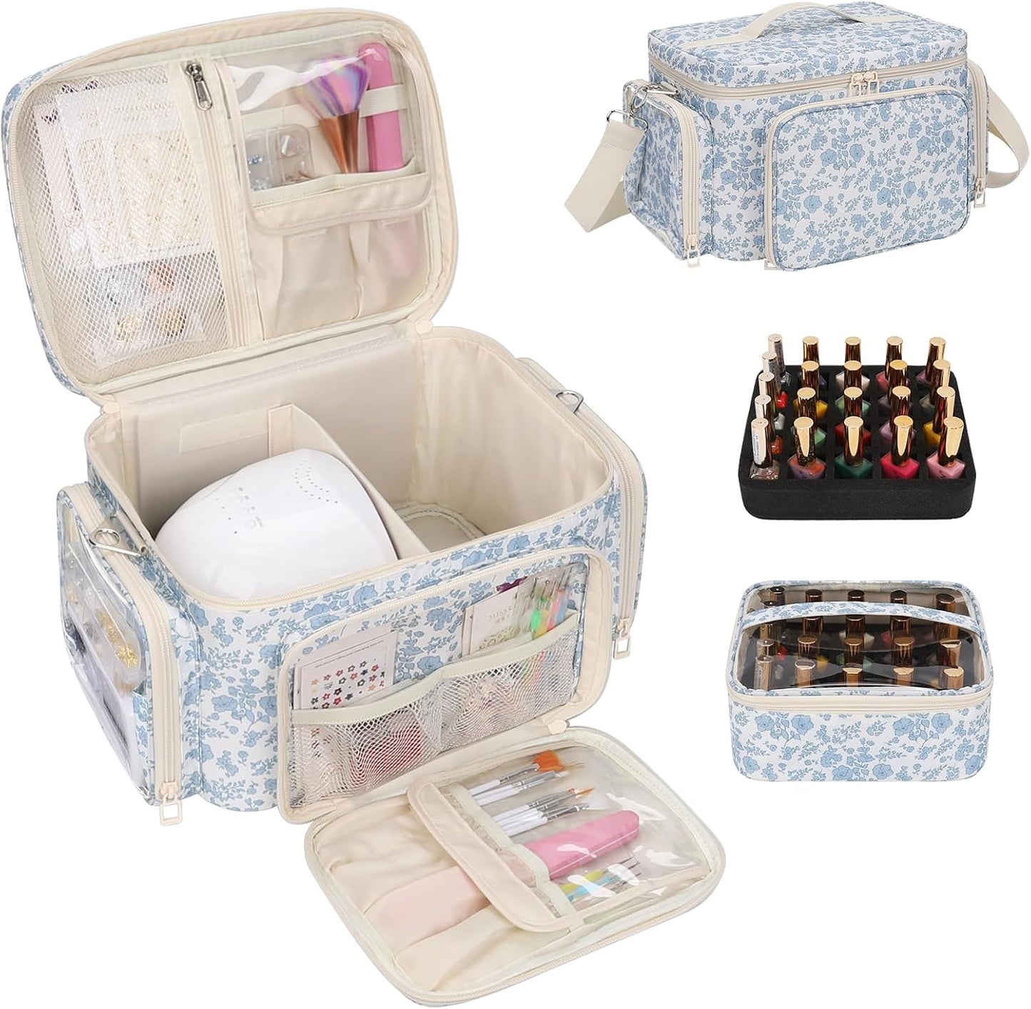 Nail Polish Organizer - Portable Storage for 42+ Bottles & Lamp | Travel Nail Kit Case - Blue Flower Design