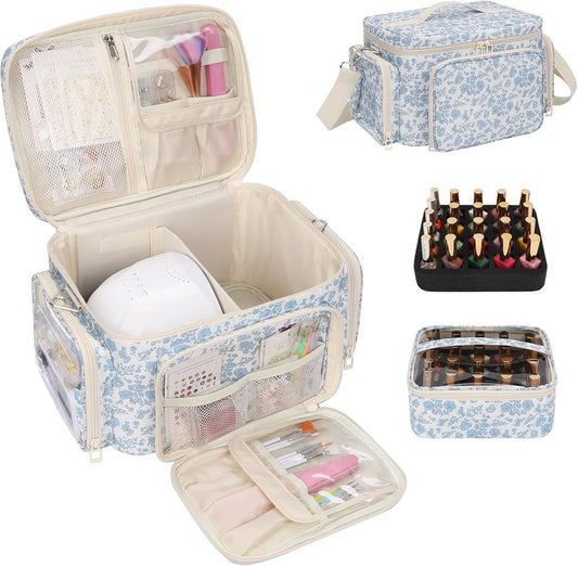 Nail Polish Organizer - Portable Storage for 42+ Bottles & Lamp | Travel Nail Kit Case - Blue Flower Design