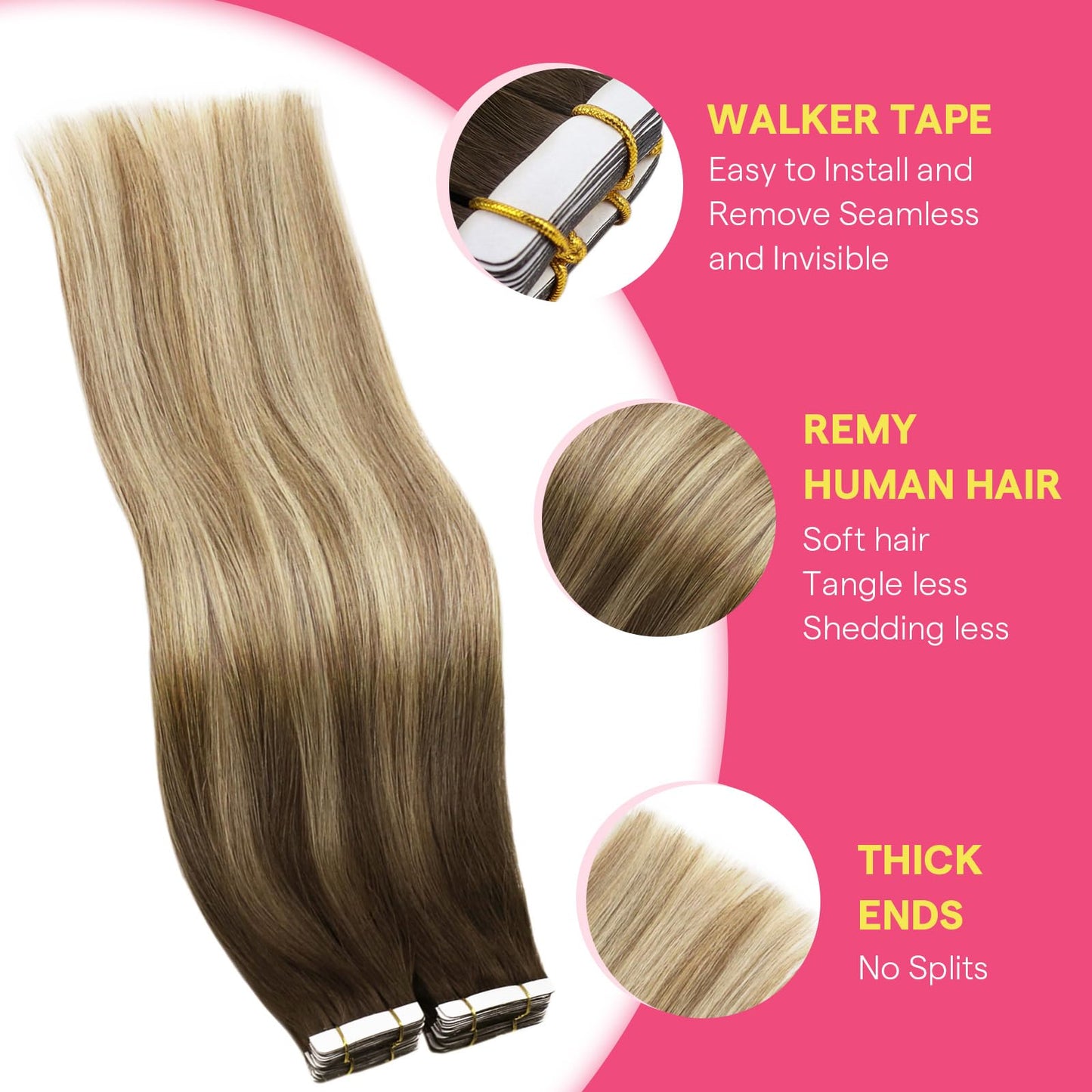 Ve Sunny Tape in Hair Extensions Human Hair, 24inch Dark Golden Blonde Highlight Platinum Blonde Tape in Extensions, Double Sided Adhesive Hair Extensions 25g