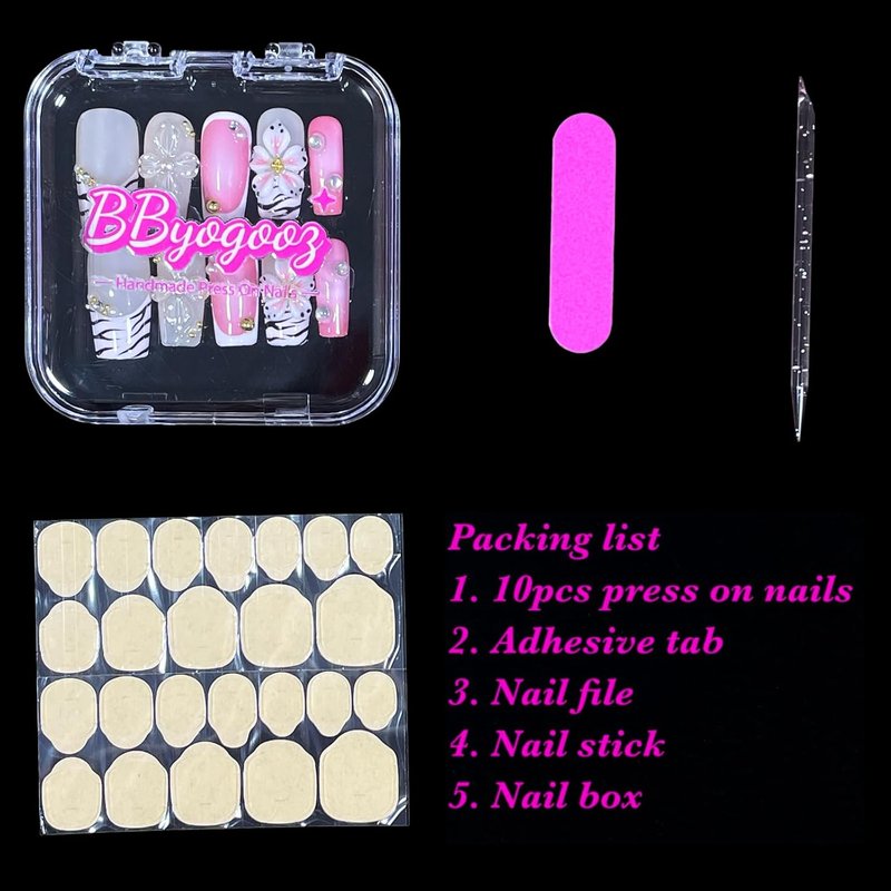Bold Pink Zebra Stripes Press-On Nails - 3D Floral & Glitter Design | Reusable Acrylic for Parties & Daily Use (Short-Medium)