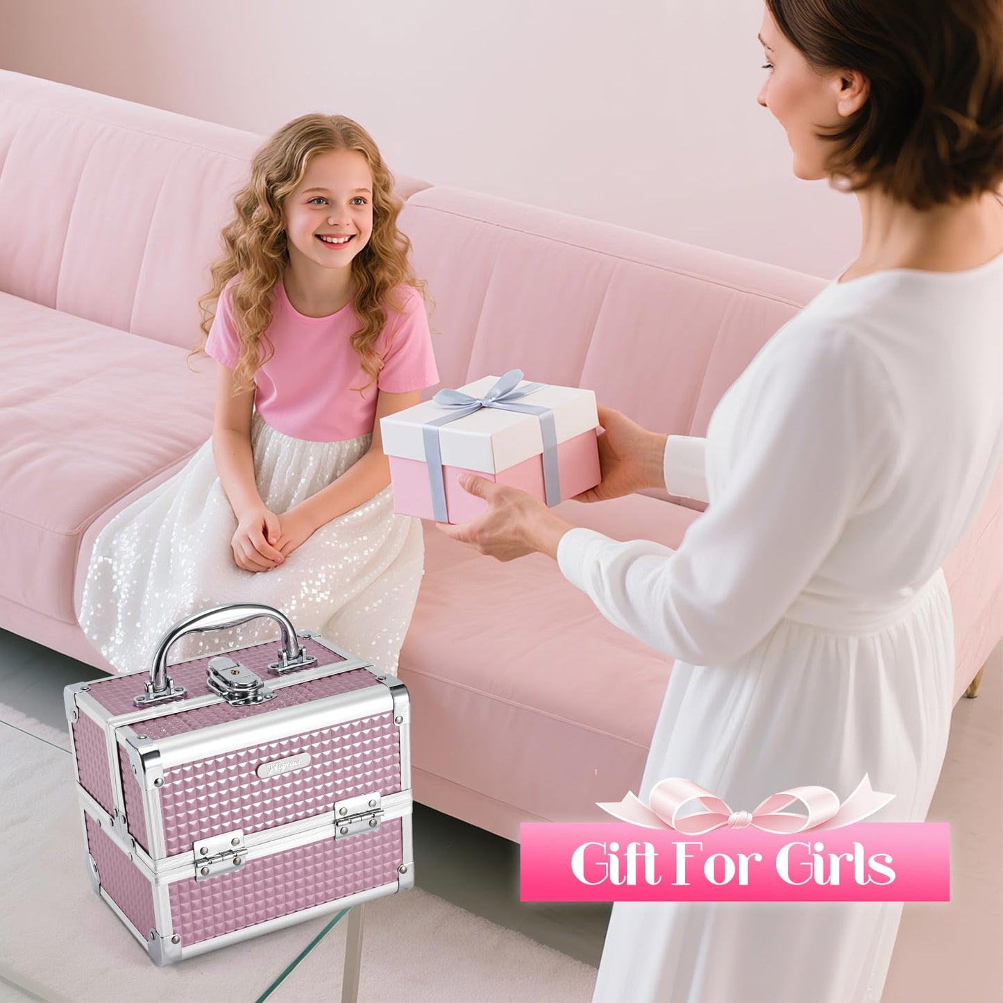 Joligrace Makeup Case Portable Makeup Box Travel Train Case Cosmetic Case Organizer with 2 trays Mirror Locking Make Up Storage Vanity Craft Nail Case Traveling Cosmetic Box for Girls Pink