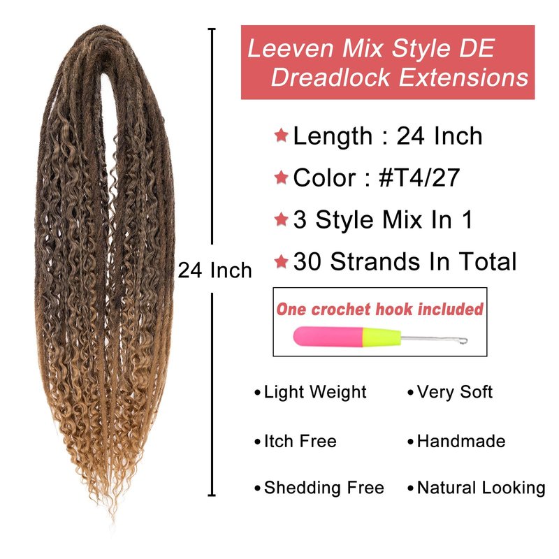 Leeven 30 Strands Double Ended Dreadlock Extensions 24 Inch Thin Synthetic Boho Dreads Ombre Honey Blonde 3 Style Mixed Full Set Wool DE Wavy Curly Hippie Dreads Braid in Soft Viking Dread for Women