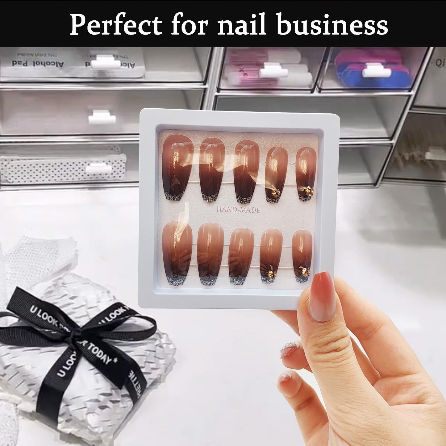 GUXACU 32 Pack Press On Nail Packaging Boxes - 3D Floating Storage and Display Box With 90pcs Double Sided Adhesive Tape for Nail Tech