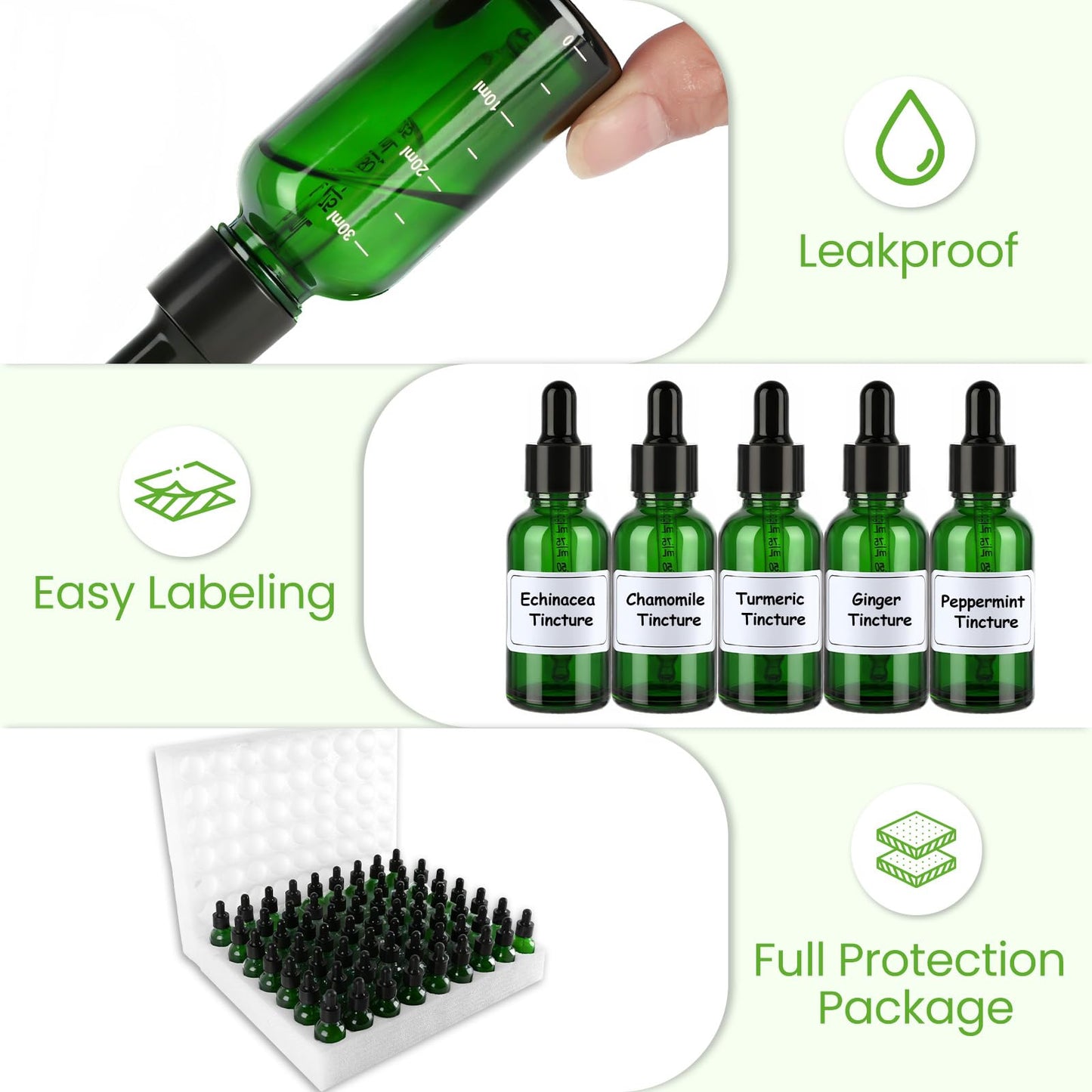 UPBUD 63 Pcs 1oz Green Glass Dropper Bottles with Measurement, 30ml Leakproof Tincture Bottles with Funnels, Eye Droppers, Extra Caps & Labels, Refillable Empty Bottles for Tinctures, Essential Oils