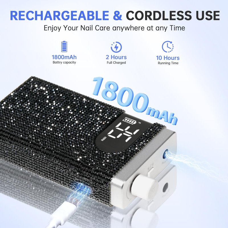 CHRISTINE SHELLY Rechargeable 35000RPM Nail Drill Sparkling Portable Professional Electric Nail File for Acrylic/Gel Nails Professional Nail Tools for Manicure Pedicure, Black Diamond