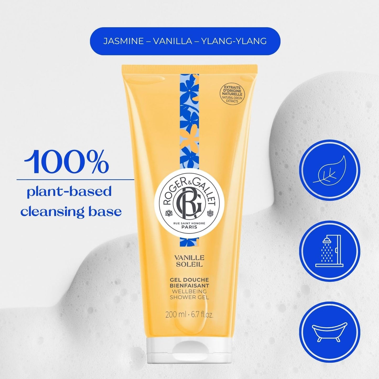 ROGER & GALLET Wellbeing Shower Gel – Plant-Based Hydrating Body Wash with Aloe Vera, Gentle Foaming Cleanser for Soft Skin (VANILLE SOL - Vanilla | 6.7 Oz)