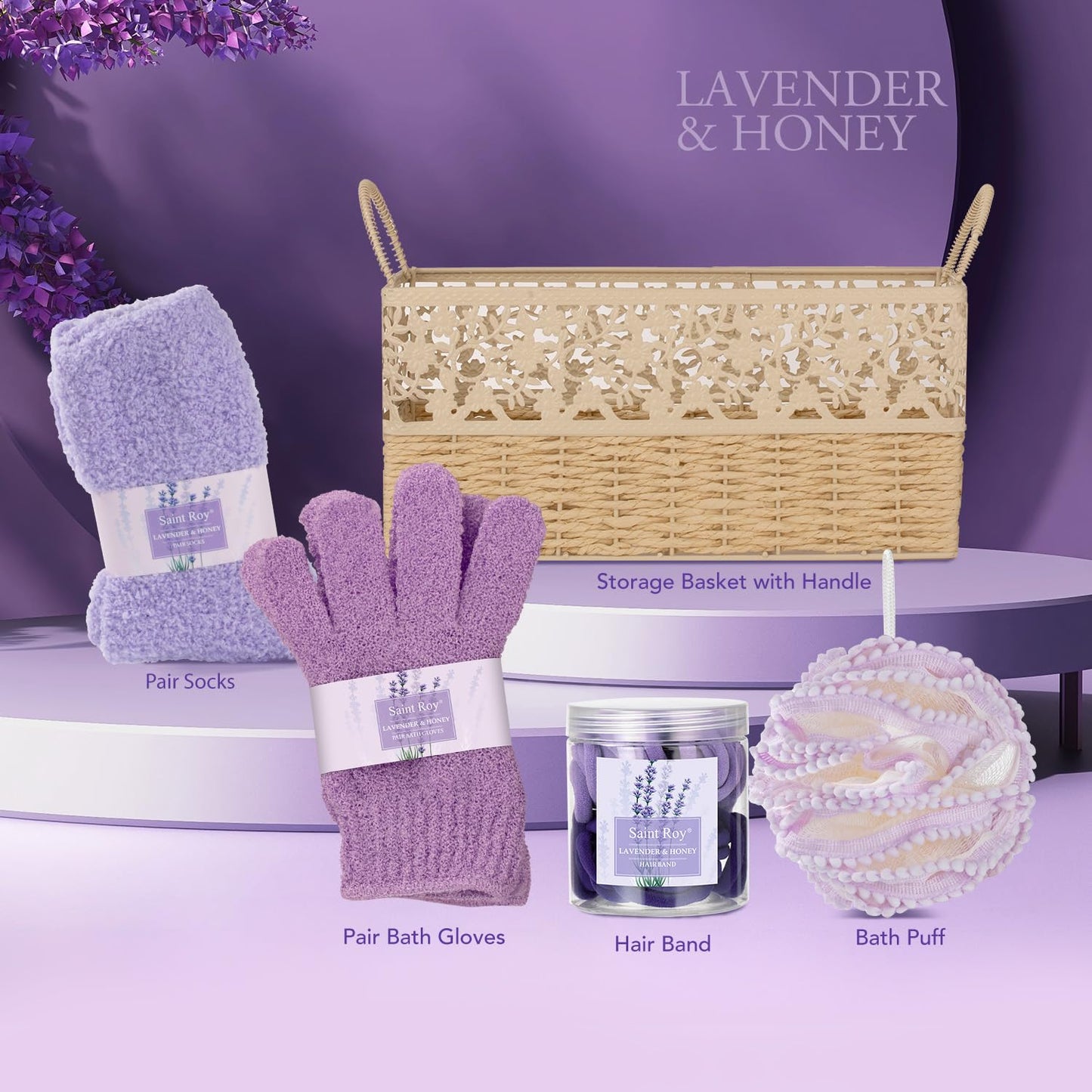 Lavender Bath and Body Gift Basket, Face Skin Care Set, Spa Kit, Self-Care
