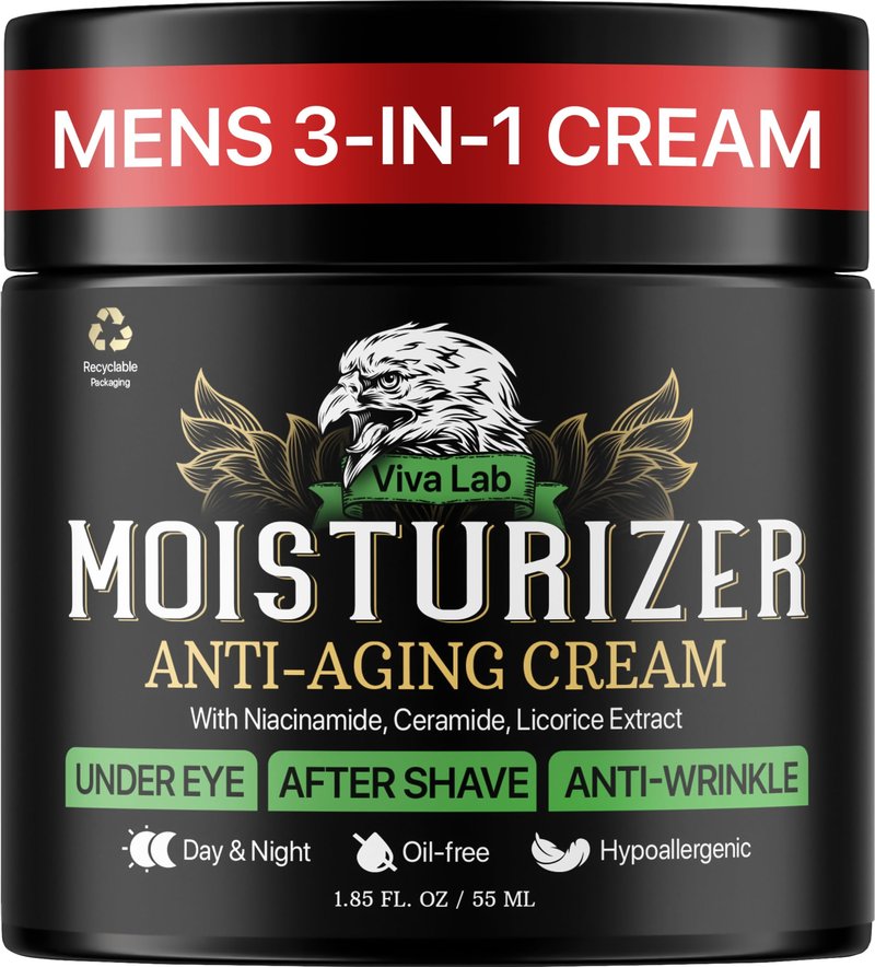Viva Lab Mens Face Moisturizer Anti-Aging Cream - Lightweight After Shave Lotion for Men - Day & Night Hydrating Skin Care with Niacinamide Collagen Ceramides - Fast-Absorbing Non-Greasy 1.85oz