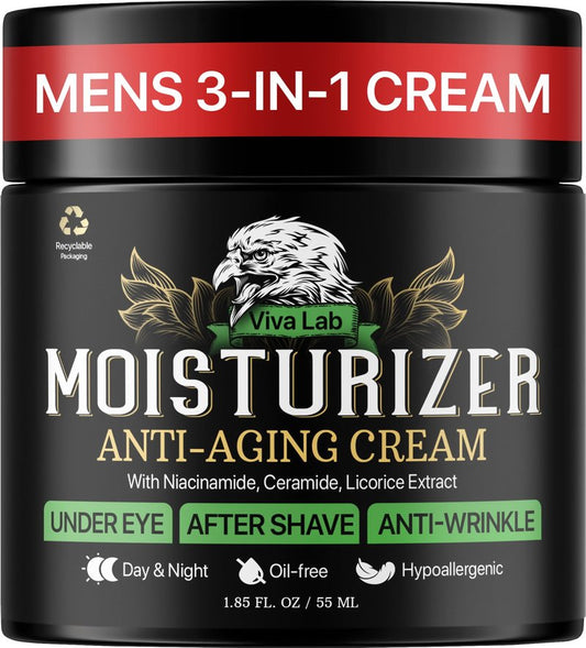 Viva Lab Mens Face Moisturizer Anti-Aging Cream - Lightweight After Shave Lotion for Men - Day & Night Hydrating Skin Care with Niacinamide Collagen Ceramides - Fast-Absorbing Non-Greasy 1.85oz