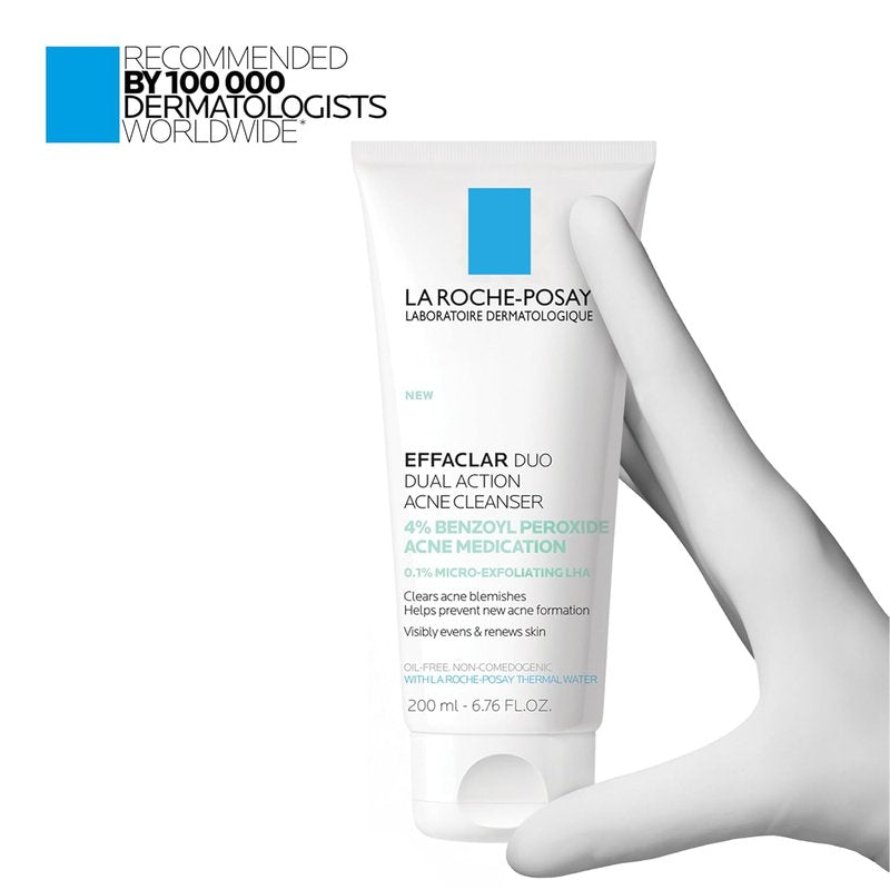 La Roche-Posay Effaclar Dual Acne Face Wash - 4% Benzoyl Peroxide & LHA Exfoliant | 6.76 Fl Oz
