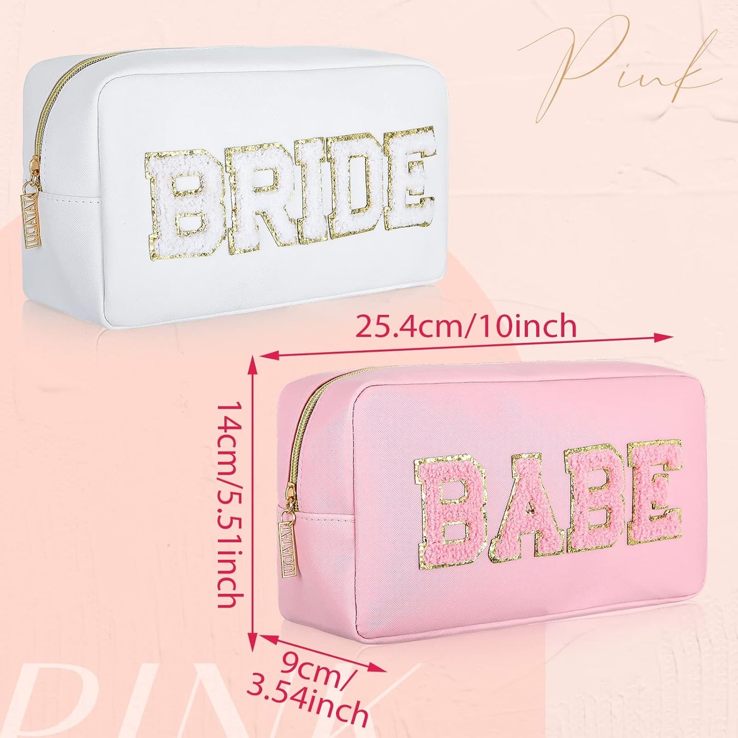 Bridesmaid Cosmetic Bags - 8 Pcs Embroidered Makeup Pouches for Wedding Party | White & Pink