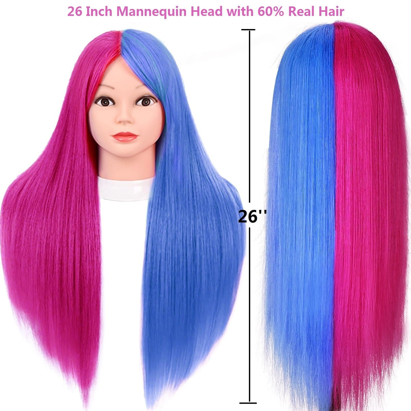 Mannequin Head with 60% Real Human Hair, Beauty star 26" Cosmetology Manikin Head, Doll Head for Hair Styling to Practice Styles, Hairdressing Training Braiding Maniquine Heads with Table Stand