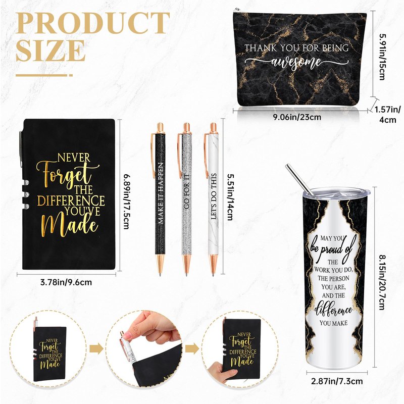 Domensi 6 Pcs Employee Appreciation Gift for Women Teacher Cna Week Thank You Gift May You Be Proud 20 oz Rustic Marble Sign Tumbler Makeup Bag Journal for Graduation Work Business(Black)