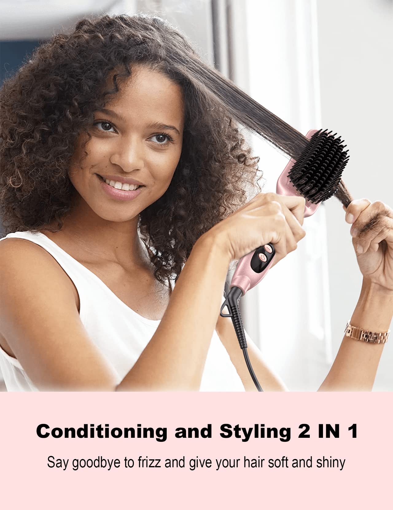 LANDOT Ionic Hair Straightener Brush – Ceramic Straightening Brush with 12 Heat Settings (250-450°F) for Smooth & Shiny Results, Ideal for Medium & Long Women Hair, Dual Voltage, Rose Gold