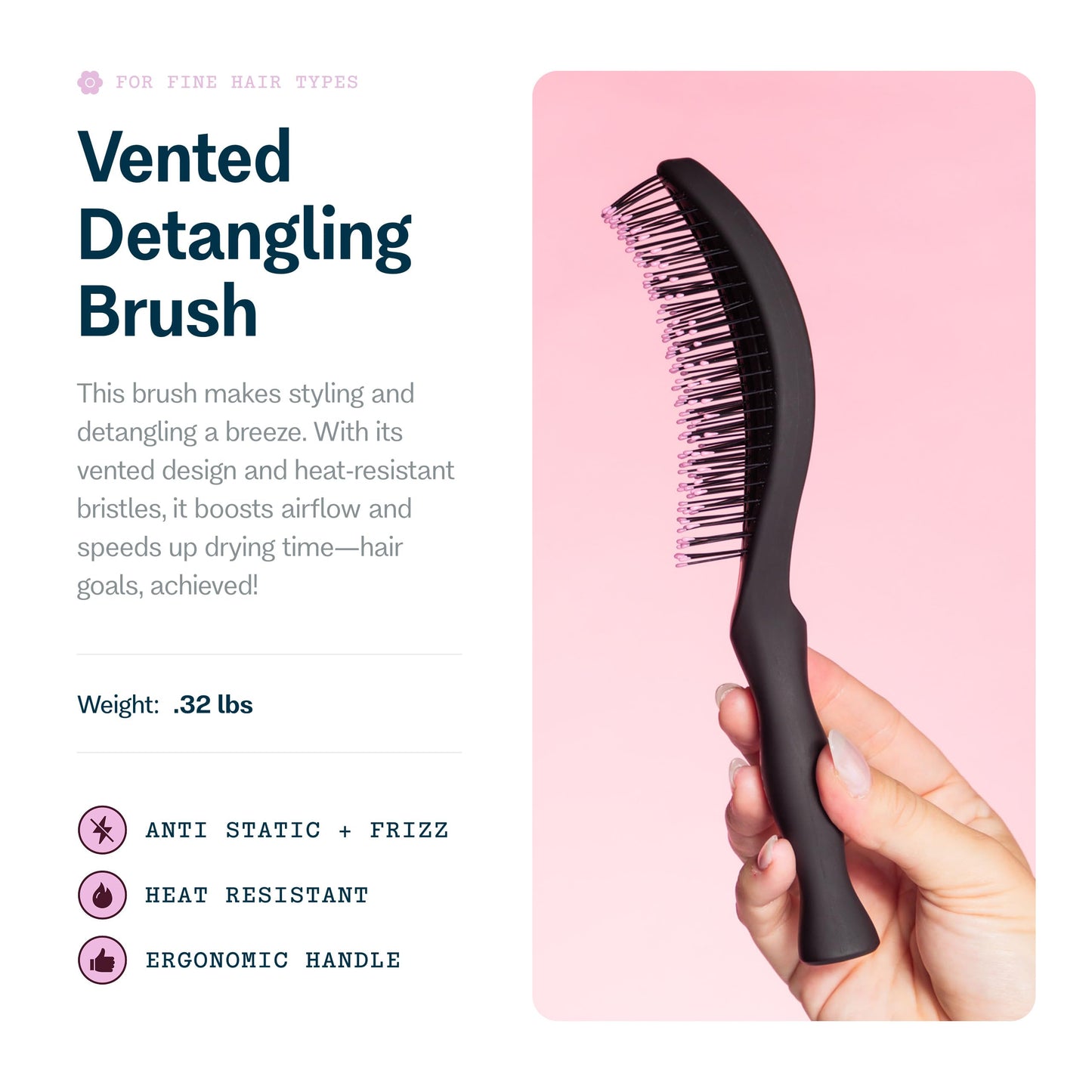 Gimme Beauty Vented Detangling Brush - Quick-Dry, Heat-Resistant Wet Brush for Thick or Thin Locks - Supports Healthy Hair - Flexible Curved Design for Fine Locks - Fine Hair