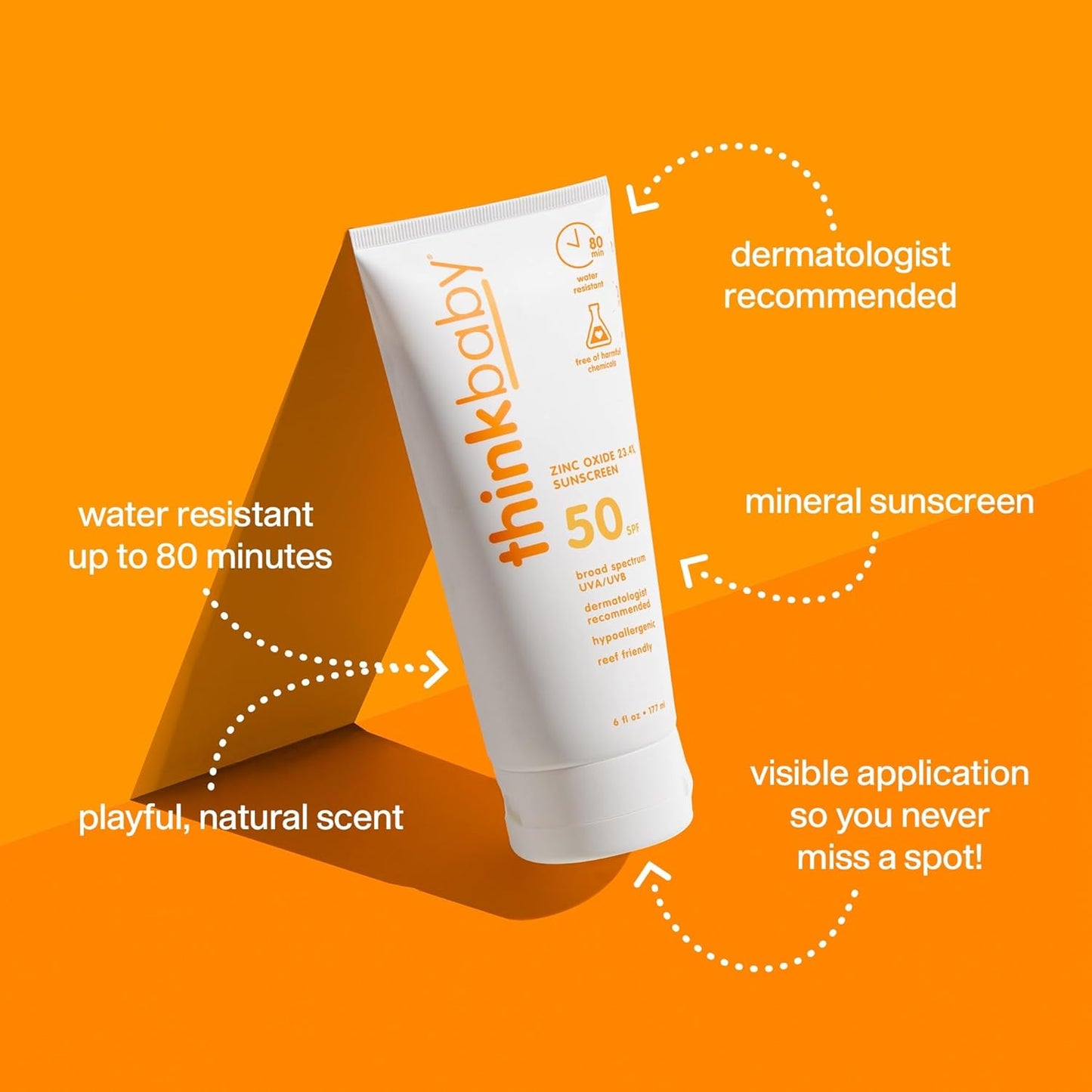 Thinkbaby SPF 50+ Baby Sunscreen | Natural Mineral Sun Cream - Water Resistant, Broad Spectrum UVA/UVB Protection, 6 Oz.