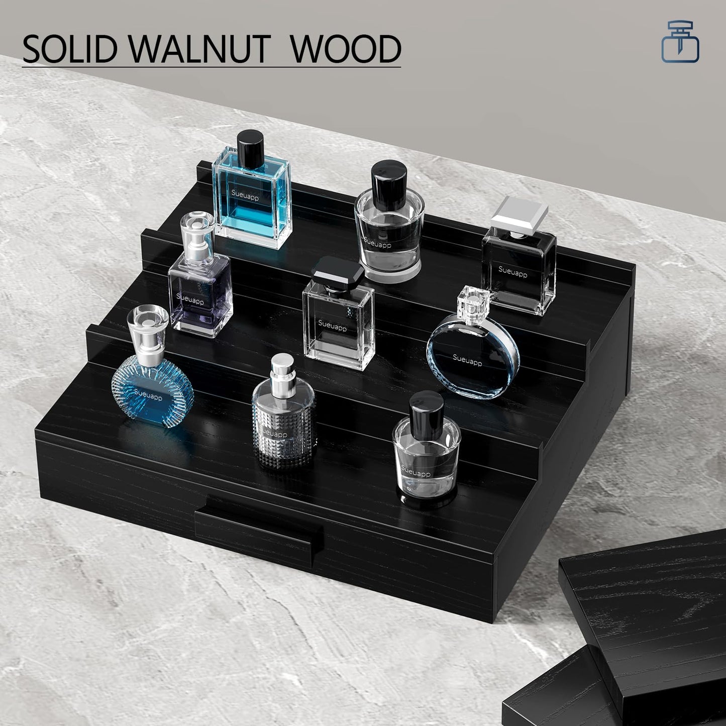 Sueuapp Walnut Wood Cologne Organizer for Men,3 Tier Cologne Stand,Cologne Shelf Display Holder,Perfume Stand Organizer with Hidden Compartment and Drawer,Great Gift for Men,Black