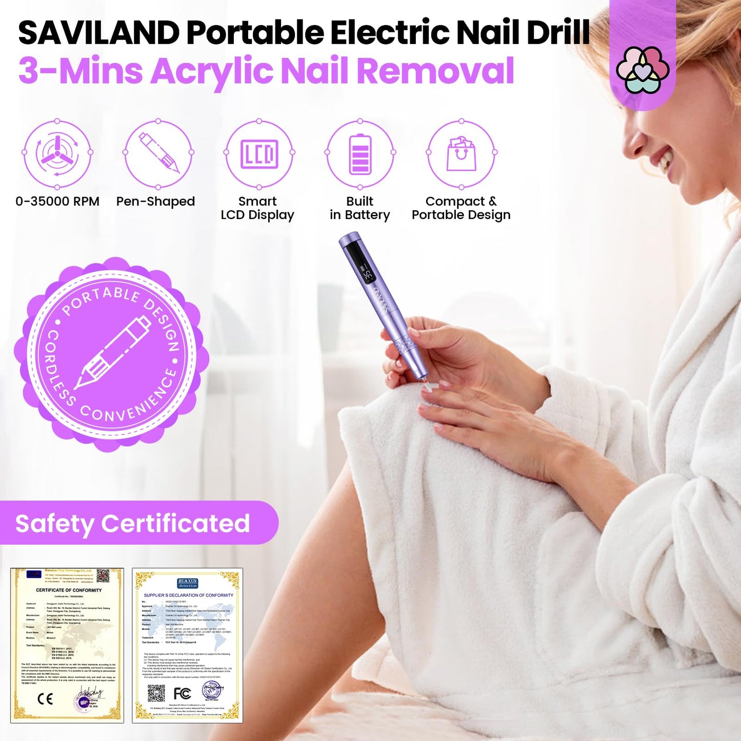 SAVILAND Electric Nail Drill: 35000RPM Cordless Electric Nail File Portable Nail Drill Professional 0 Vibration Hight Speed for 3 Mins Removal Acrylic for Manicure Pedicure Nail Salon at Home（Purple）