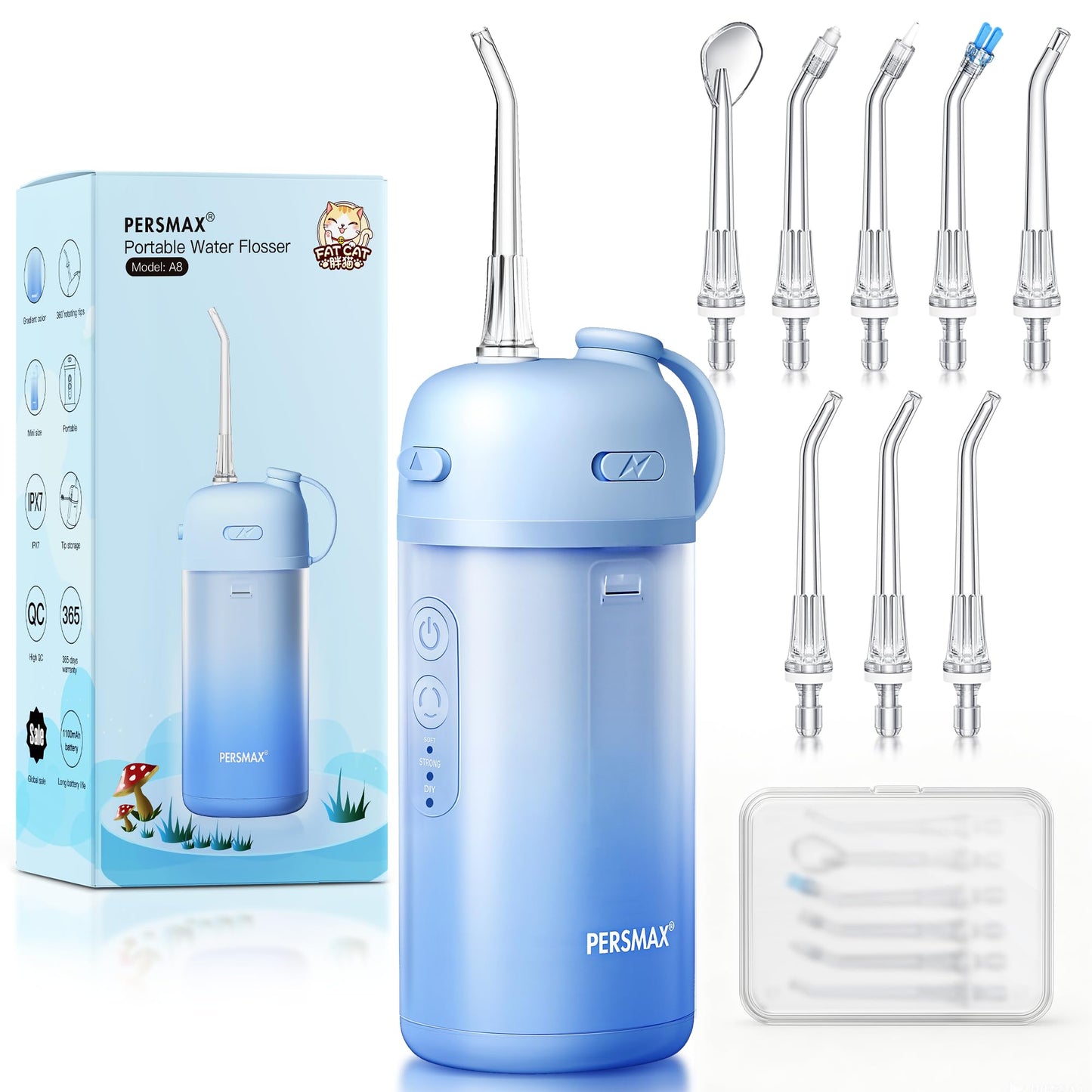 PERSMAX Water Flosser for Orthodontics Teeth Cleaning - Portable Electric Oral Irrigator Pick for Braces, Travel, Kids, with 3 Modes 8 Pressure Settings, 8 Tips, 150ML, IPX7, Gradient Blue