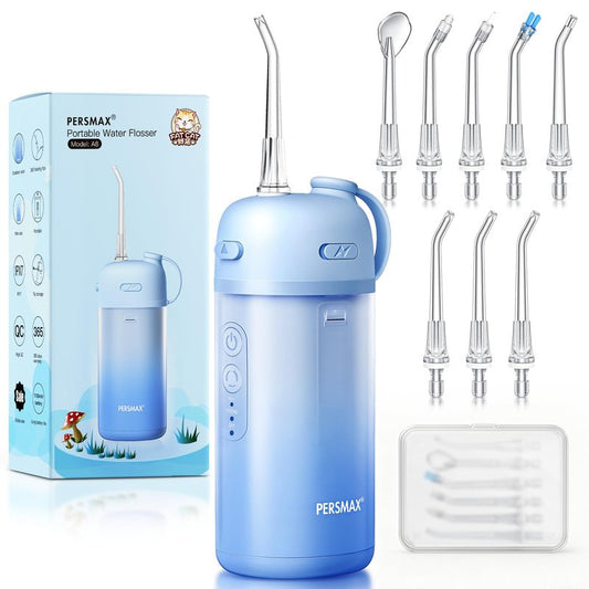 PERSMAX Water Flosser for Orthodontics Teeth Cleaning - Portable Electric Oral Irrigator Pick for Braces, Travel, Kids, with 3 Modes 8 Pressure Settings, 8 Tips, 150ML, IPX7, Gradient Blue