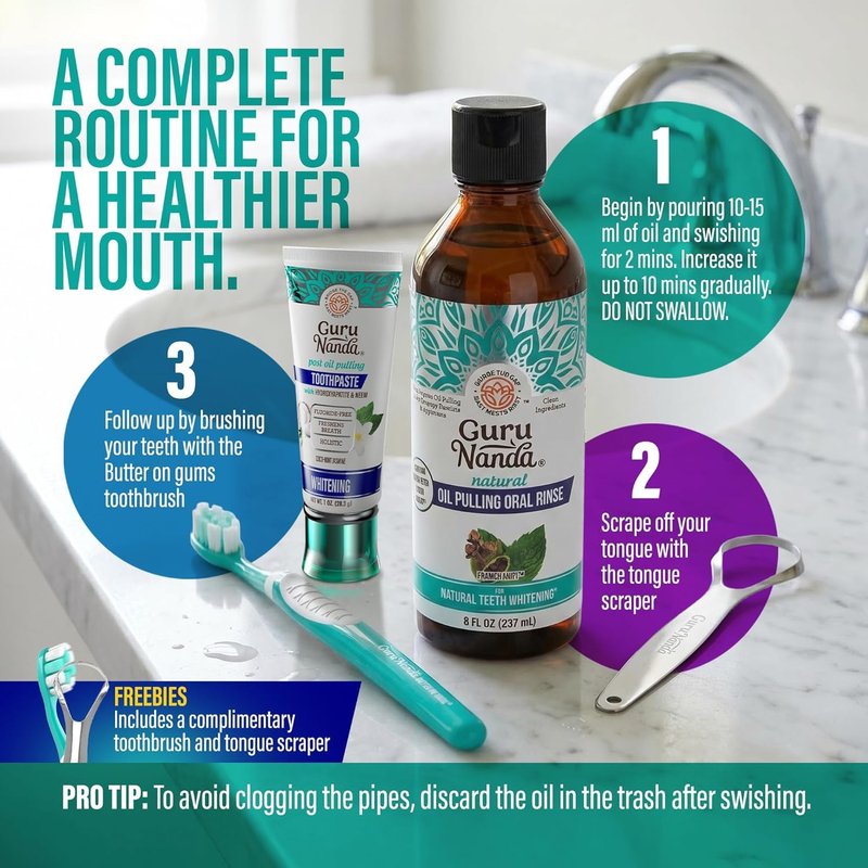 GuruNanda CocoMint Oil Pulling Mouthwash for Complete Oral Hygiene, 7 Essential Oils & Vitamins for Happy Teeth & Gums & Fresh Breath, with 2 Toothbrushes & 2 Tongue Scrapers, Alcohol-Free, 3X8 oz