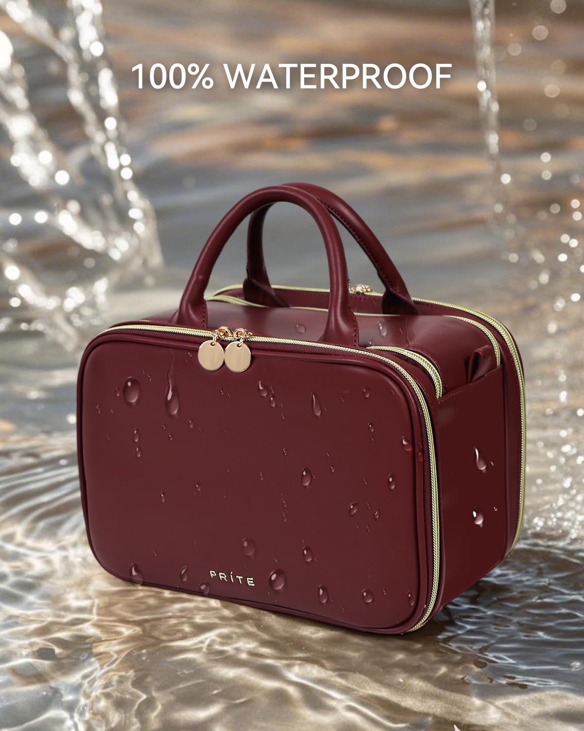 Prite Travel Makeup Bag Women’s Large Capacity Waterproof Cosmetic Organizer Portable Open Flat Toiletry Case with Free-standing Brush Holder and Handle(Burgundy Large)