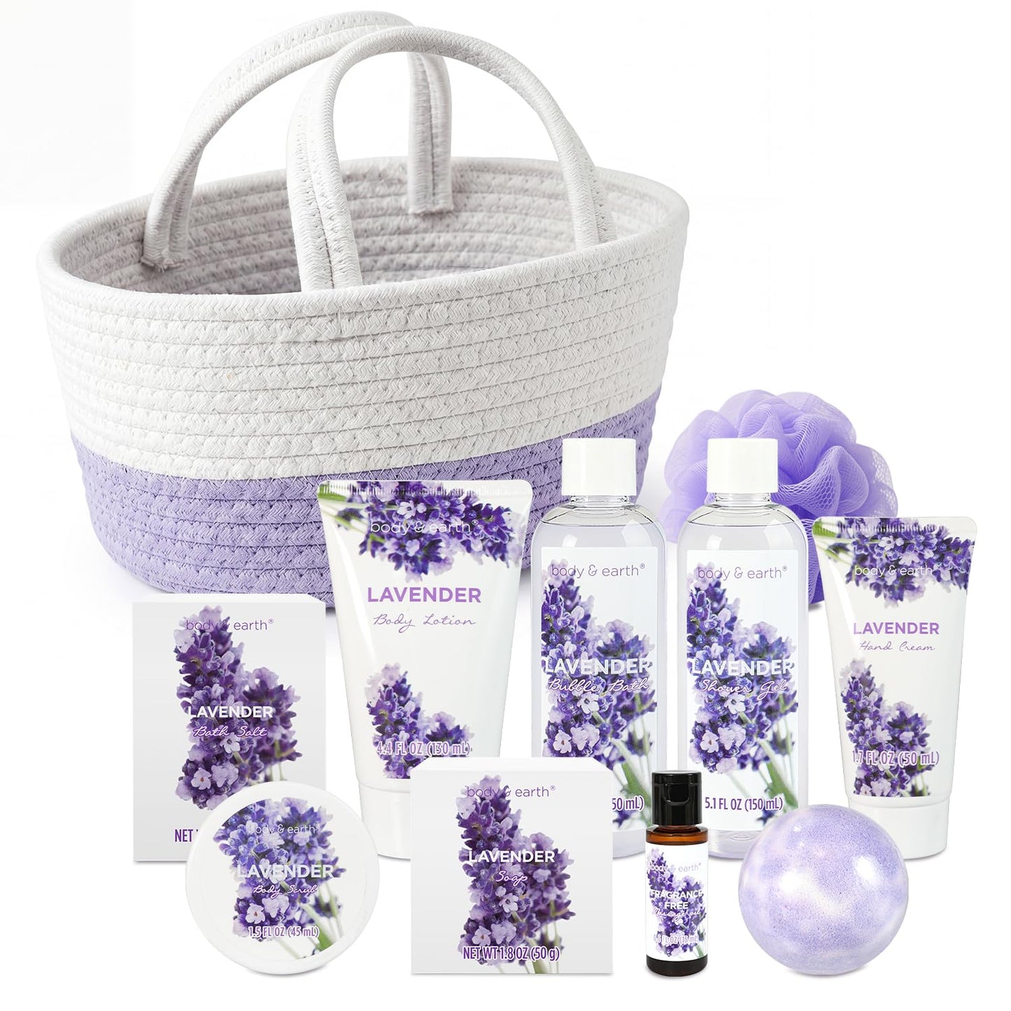 BODY & EARTH Spa Gift Baskets for Women 11pcs Lavender Gift Sets with Bubble Bath, Shower Gel, Body Lotion, Mom Birthday Gifts, Spa Kit, Purple Gift for Her, Mothers Day Gifts for Mom
