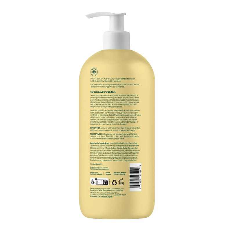 ATTITUDE Clarifying Hair Shampoo, EWG Verified, Restores Shine, Naturally Derived Ingredients, Vegan, Plant Based, Lemon Leaves and White Tea, 32 Fl Oz