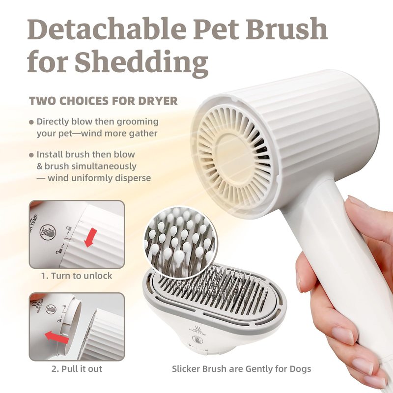 Dog Brush for Shedding, Professional 2-in-1 Pet Hair Dryer & Dog Grooming Brush with Removable Comb, Adjustable Temperature/Speed, Portable Brush for Dogs and Cats