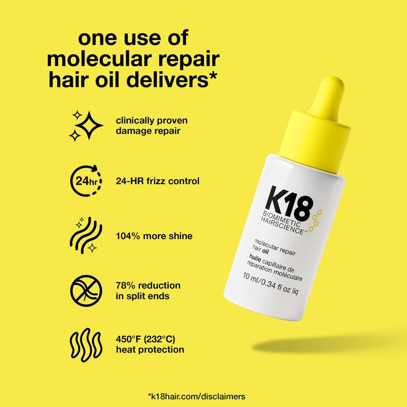 K18 Molecular Repair Hair Oil - Strengthening Peptide Damaged Hair Treatment Oil - 24-Hour Frizz Control + Heat Protectant - Helps Reduce Split Ends + Boost Shine (0.34 Fl oz)