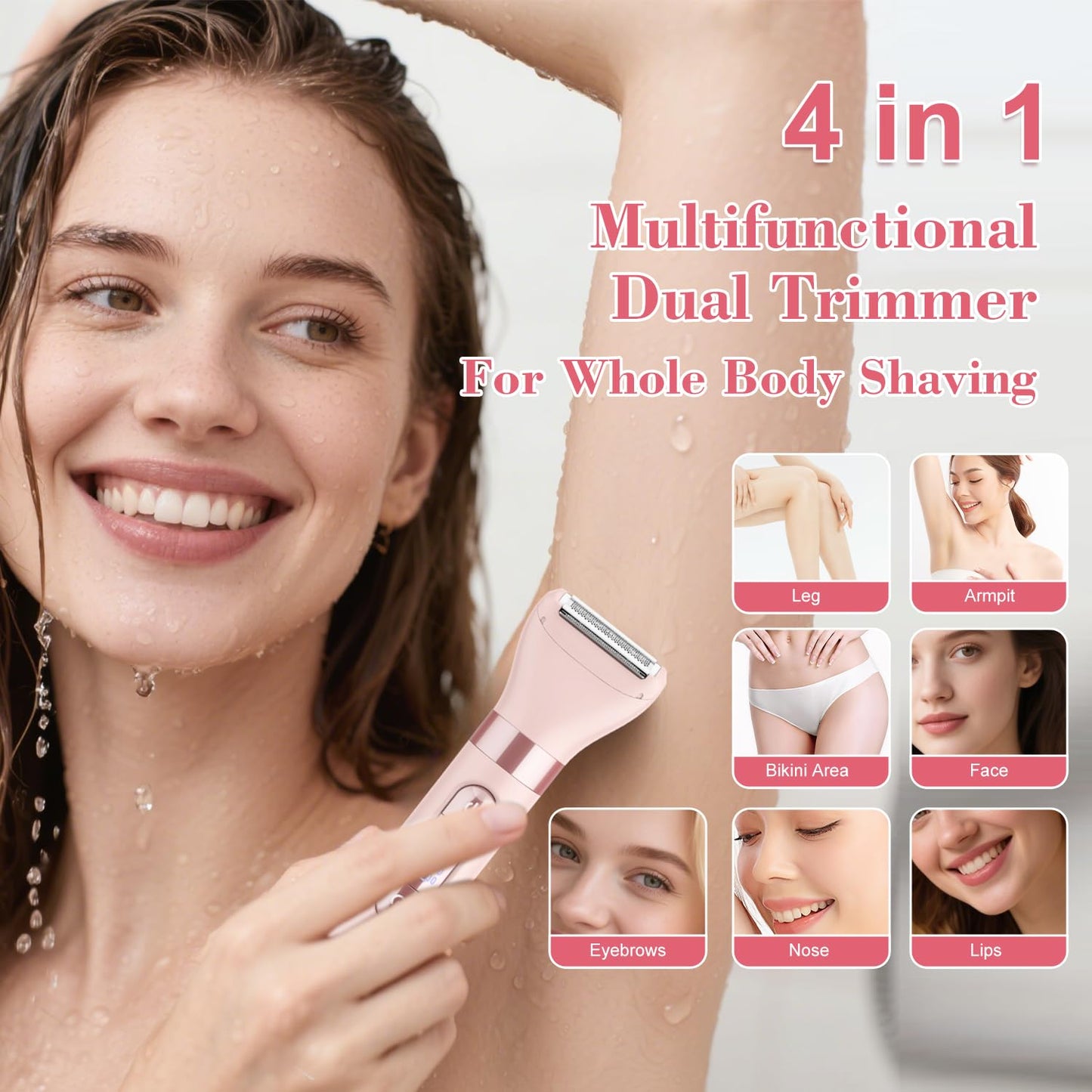 Hatteker 4-in-1 Women's Electric Razor, Dual-Head Body Hair Trimmer for Women, IPX7 Waterproof Rechargeable Bikini Trimmer & Facial Hair Remover for Legs, Armpits, Face, Nose, Eyebrows, Pink