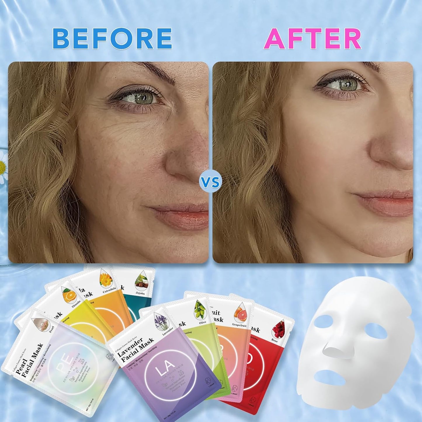 Collagen Essence Sheet Facial Masks - Moisturizing Plant Extracts | 48 Packs, All Skin Types, Korean Spa Treatment