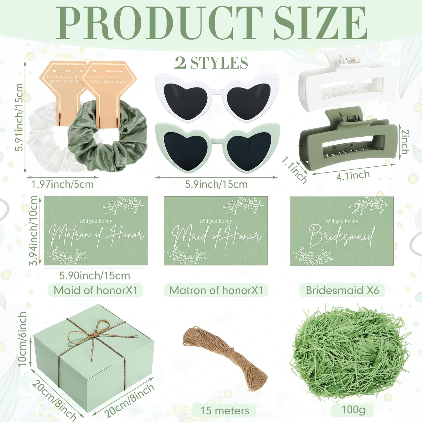 Geiserailie 40 Pcs 8 Set Bridesmaid Proposal Gifts Will You Be My Bridesmaid 4.1in Square Hair Claws Heart Sunglasses(Green)