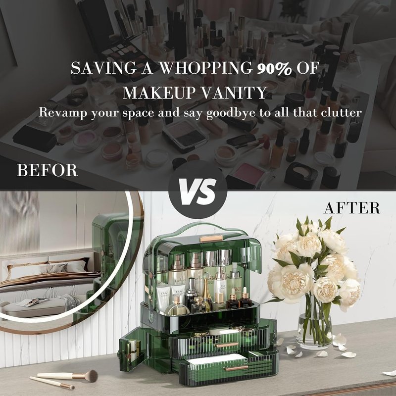 Cosmetics Storage Box - Large Transparent Makeup Organizer with Drawers | Waterproof & Dustproof Skincare Display Case in Clear Green