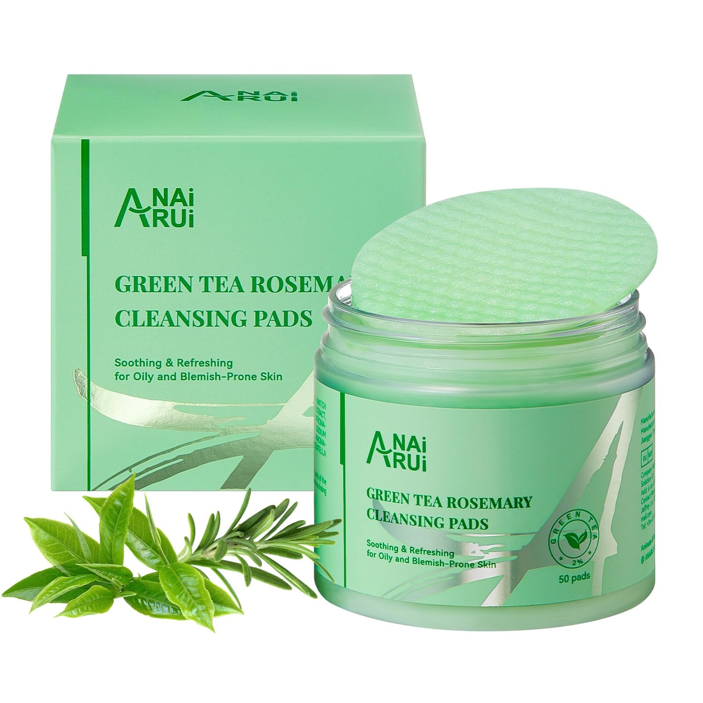 ANAI RUI Green Tea Rosemary Cleansing Pads, 50pcs