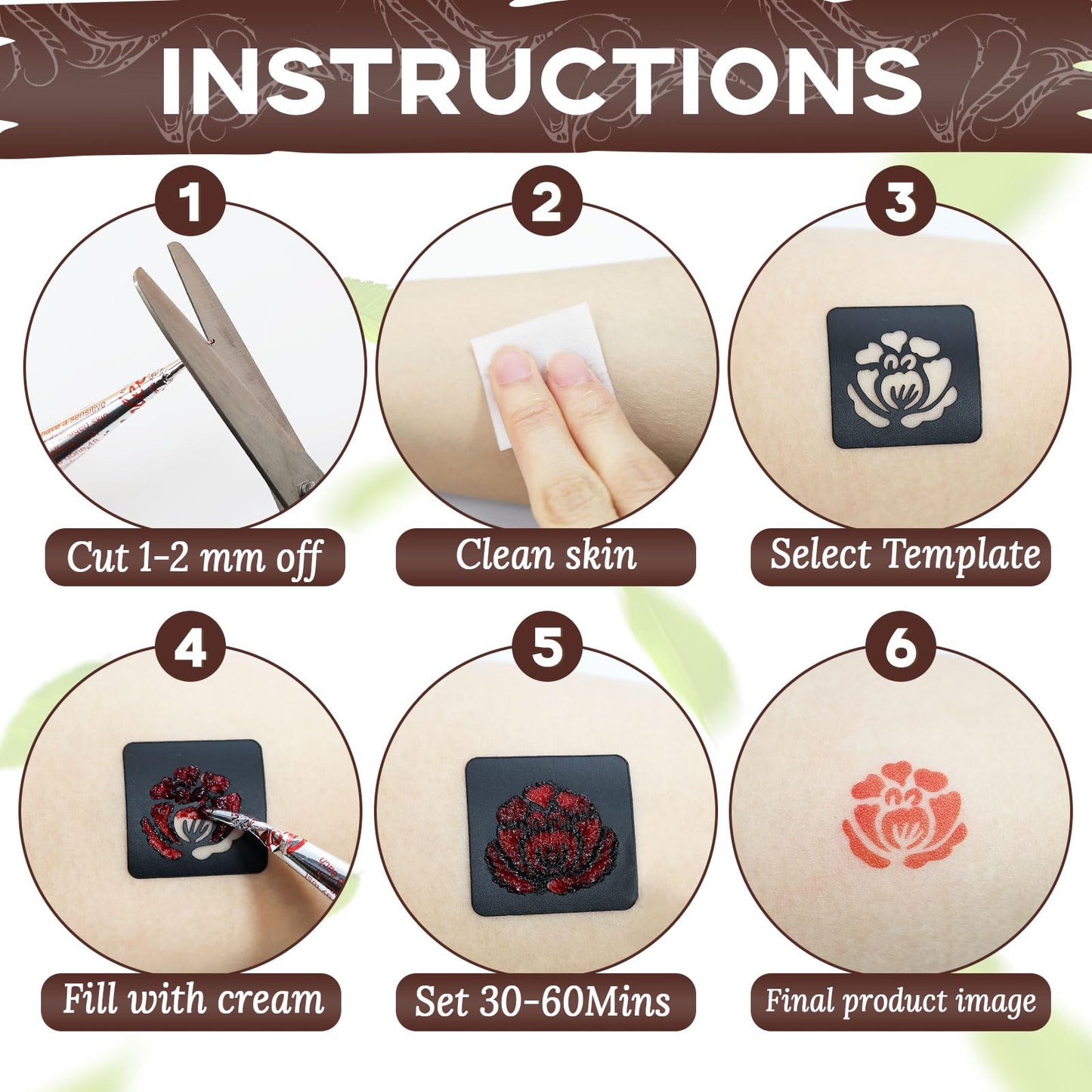 Temporary Tattoo Stencil Kit 10 Sheets, 6 Pcs Tattoo Cones 3 Color (Black/Brown/Cherry Red) with Brush/cotton swabsTool, Art Skin Painting Designs for Women Men DIY Gifts