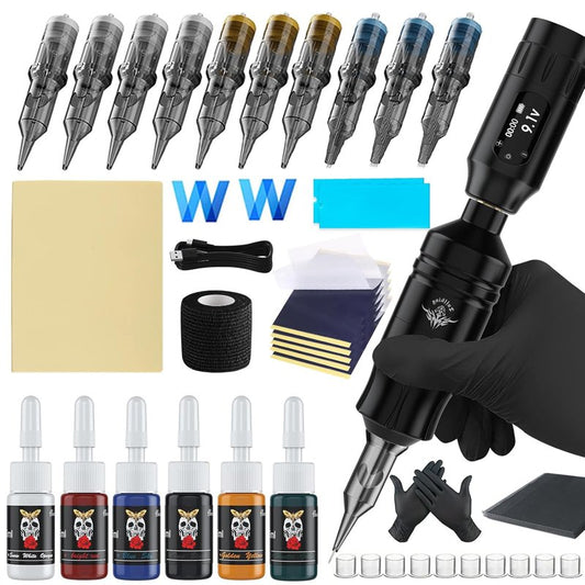 Wireless Tattoo Gun Kit for Beginners - Rotary Tattoo Machine with 1300mAh Battery & 10 Cartridge Needles | 45-Piece Set