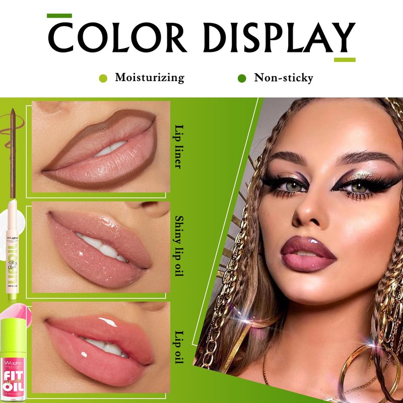 Wugbc Brown Lip Liner Pink Lip Oil Gloss Click Lip Balm Clear Shimmer, Hydrating Lipstick Tinted Lip Oil for Women Makeup, Lightweight Non Sticky Liquid Lipstick Lip Liner Pencil Combo Set
