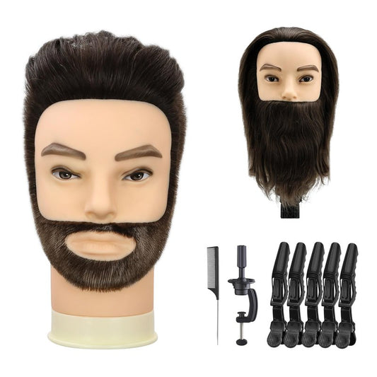 Yekavo Male Mannequin Head, Barber Mannequin Head Male 100% Human Hair With Beard, Professional Training Head with Real Hair for Practicing Hair Cutting & Styling, Black