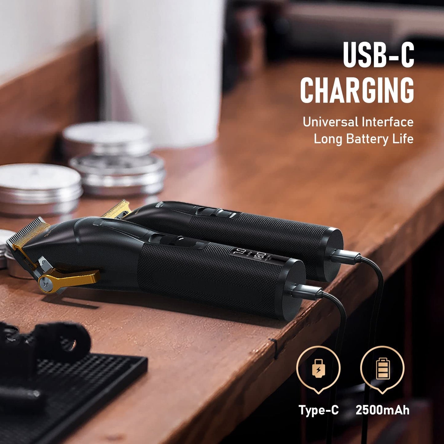 SUPRENT PRO Professional Hair Clippers for Men- USB-C Rechargeable Barber Hair Trimmer & T-Blade Trimmer Combo with 5V-Boost Technology- Cordless Clippers- LED Display Black