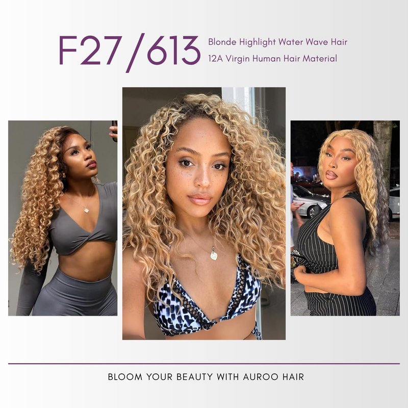 AUROO 27/613 Ombre Blonde Bundle Human Hair Water Wave, 13A Grade Highlighted Multi-Blonde Human Hair Wet n Wavy Curly Single Bundles 100% Raw Brazilian Silky Colored Hair Weaves Extension 10 Inch