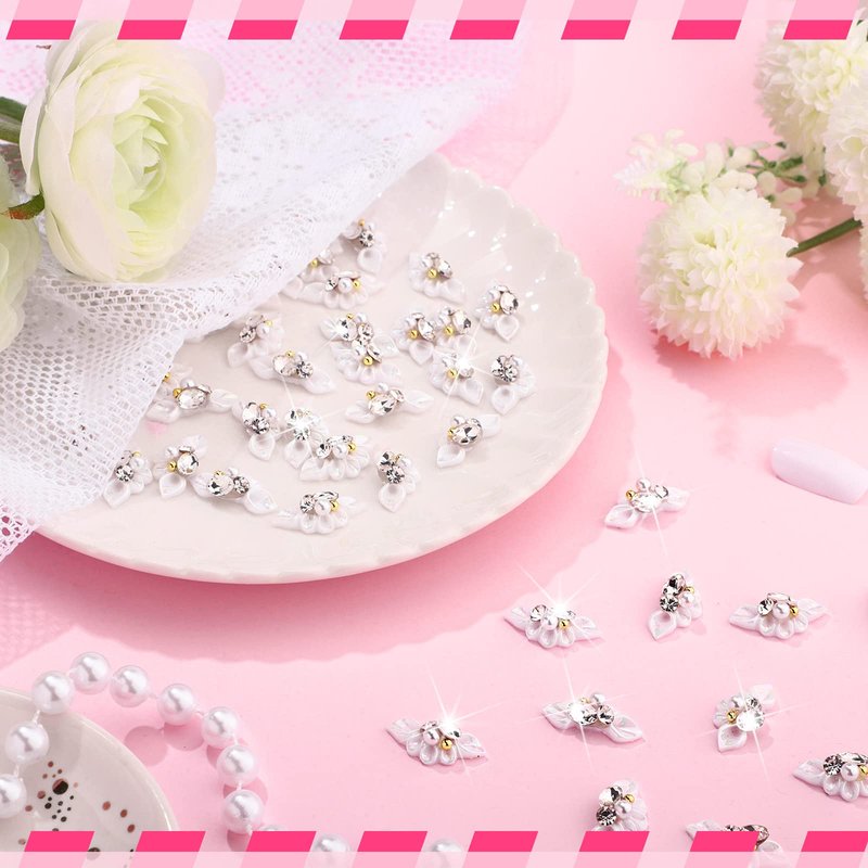 Tinlade 50 Pcs White Flower Nail Charms 3D Acrylic Flower Beads for Nail Gems and Rhinestones with Pearl Beads Crystals Blossom Art Accessories for Women DIY