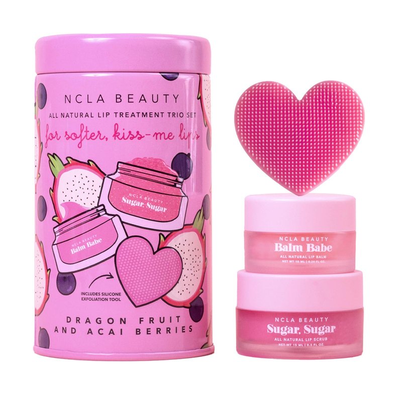 NCLA All Natural Lip Treatment Set - Hydrating Lip Balm - Vitamin C, E, and Agave Sugar Scrub with Silicone Scrubber - Dragon Fruit Acai Berry - 3 pc
