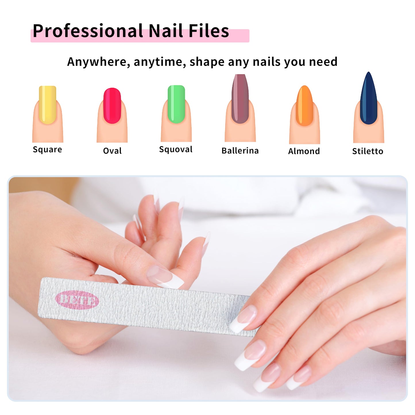 Nail File 20 PCS Professional Reusable 100/180 Grit Double Sides Washable Nail File Manicure Tools for Poly Nail Extension Gel and Acrylic Nails Tools Suit for Home Salon