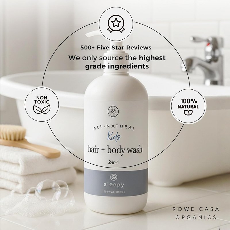 Rowe Casa Organics 2-in-1 Kids Hair & Body Wash - Relaxing Floral Scent with Therapeutic Essential Oils | 16 Fl. Oz
