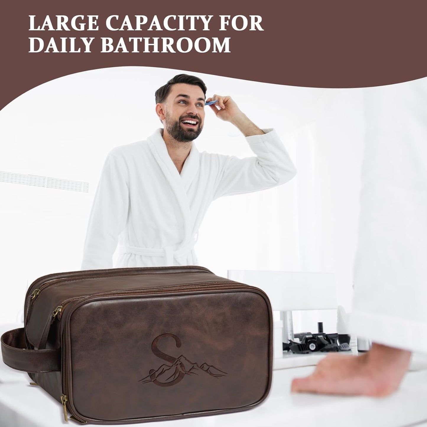 Personalized Toiletry Bag for Men - Custom Initials & Mountain Design | Dark Brown Travel Essentials