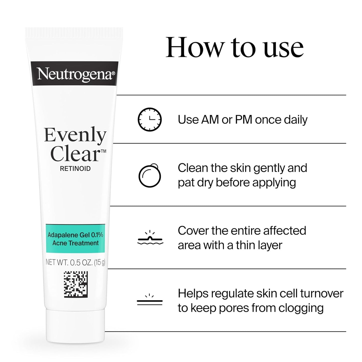 Neutrogena Evenly Clear Retinoid Adapalene Gel 0.1% - Acne Spot Treatment for Breakouts & Post-Acne Marks | 0.5 oz