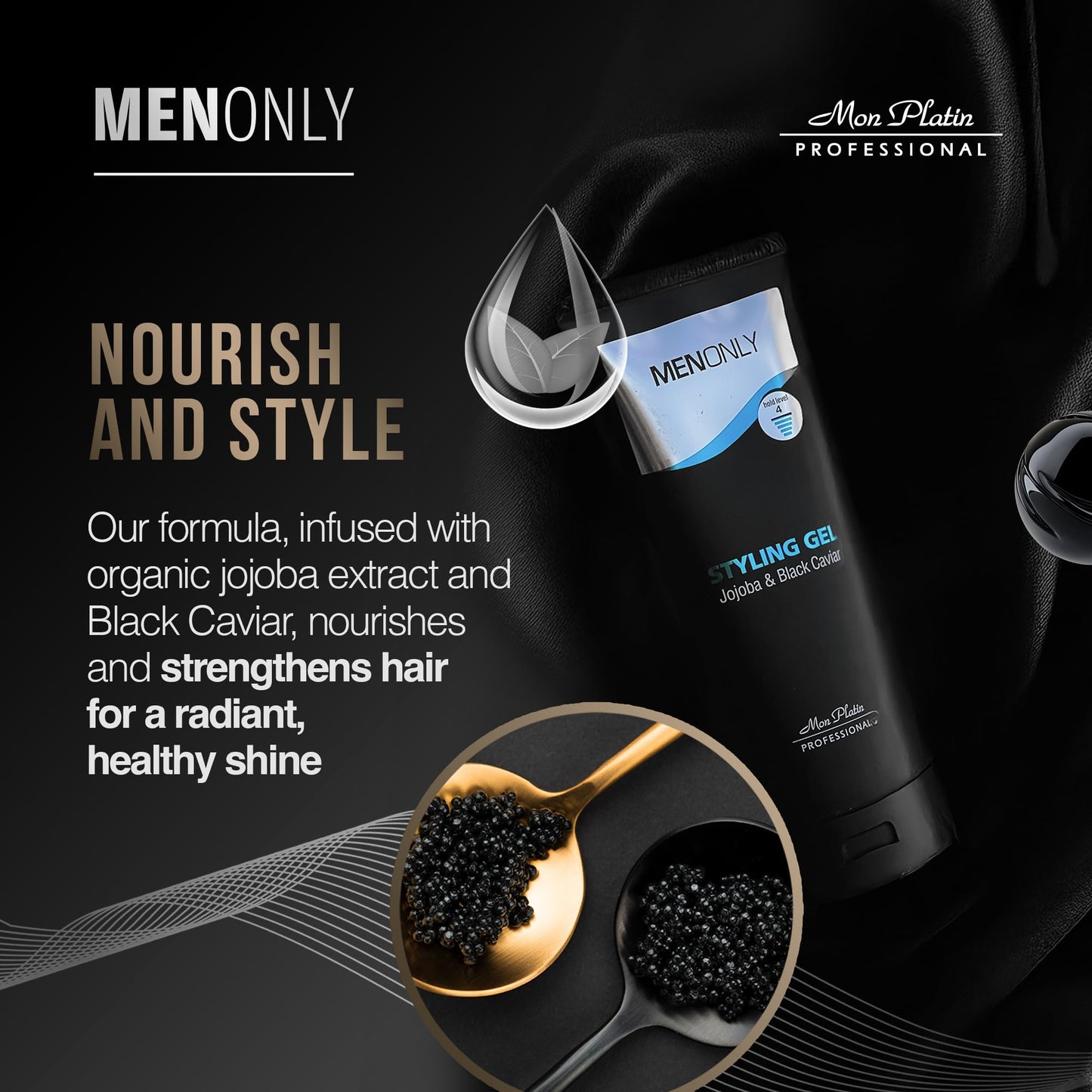 Mon Platin Men’s Styling gel with Jojoba & Black caviar – Men’s Hair Gel with Black Caviar and Jojoba, Strong Hold, Anti-Dandruff Formula, Keeps Hair Styled, Healthy, and Shiny 250ml