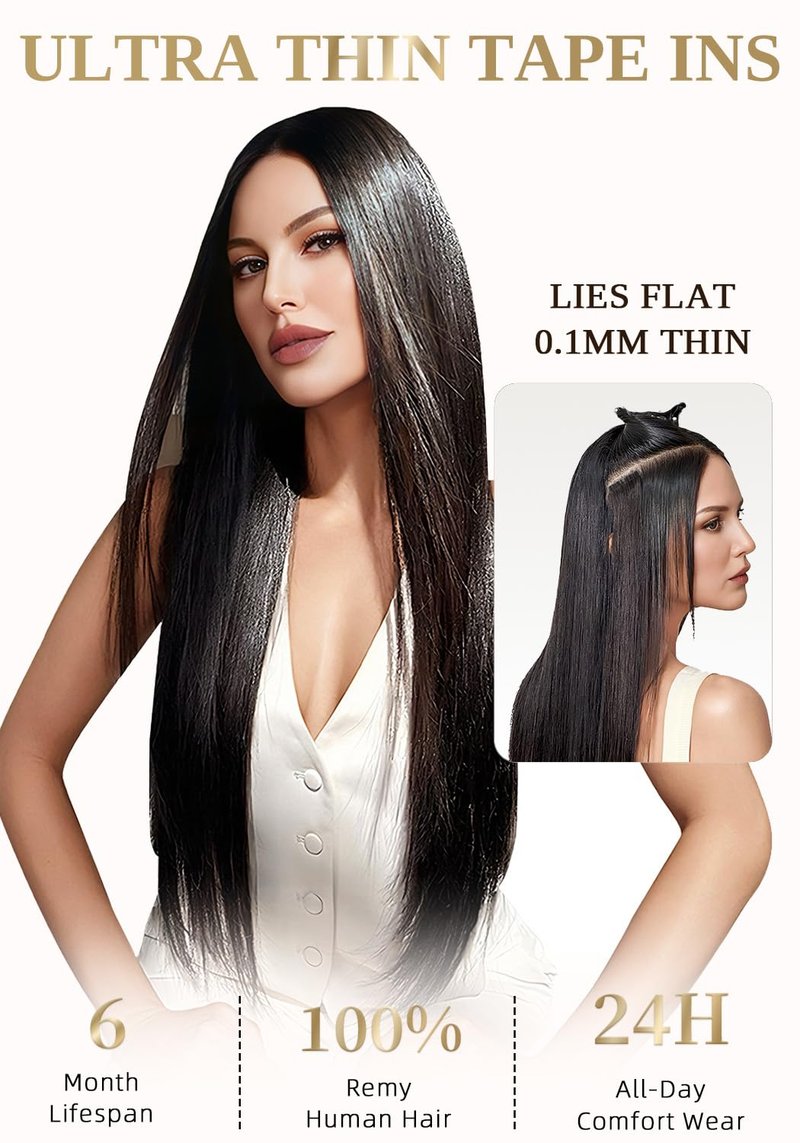 Real Human Hair Tape-In Extensions - 16 Inch, 20 Pcs, Jet Black | Seamless & Invisible Double-Sided Design