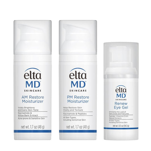 EltaMD Morning and Night Skin Care Kit, AM Restore and PM Restore Facial Moisturizers, Anti-Aging Renew Eye Gel